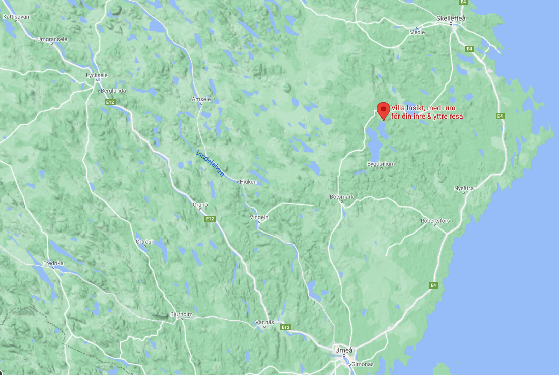 Karta som visar var Villa Insikt ligger i relation till Umeå och Skellefteå